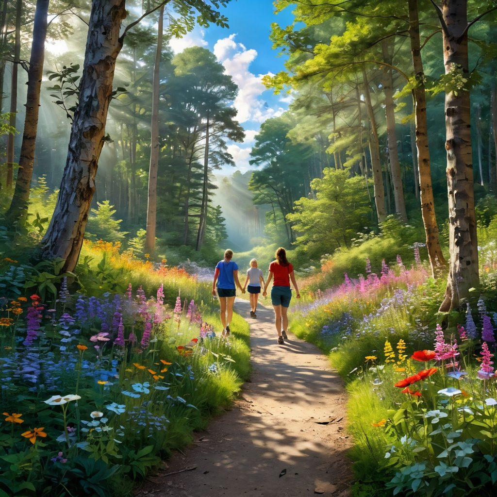 A serene pathway winding through a lush, vibrant forest, where sunlight streams through the trees, illuminating wildflowers on either side. A diverse group of people of different ages and backgrounds joyfully walking together, laughing and sharing. Soft, whimsical clouds float above, symbolizing dreams and happiness. The vibrant colors reflect a sense of positivity and hope. super-realistic. bright colors. whimsical atmosphere.