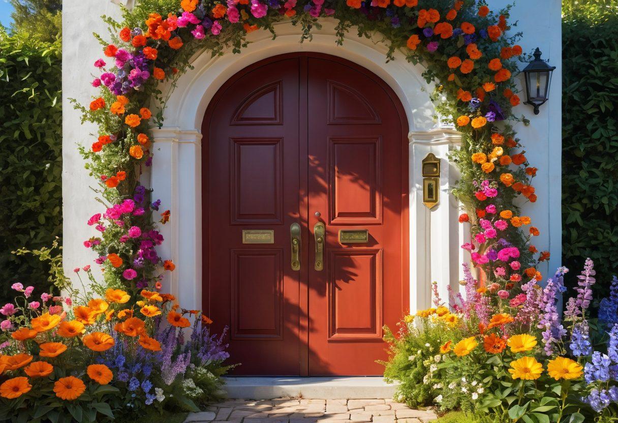 A whimsical key unlocking a glowing, magical door surrounded by vibrant flowers and serene landscapes symbolizing joy and happiness. Diverse people joyfully exploring the wonders behind the door, radiating positivity and extraordinary experiences. Bright sunlit environment with colorful accents to evoke a sense of adventure and fulfillment. super-realistic. vibrant colors. peaceful ambiance.