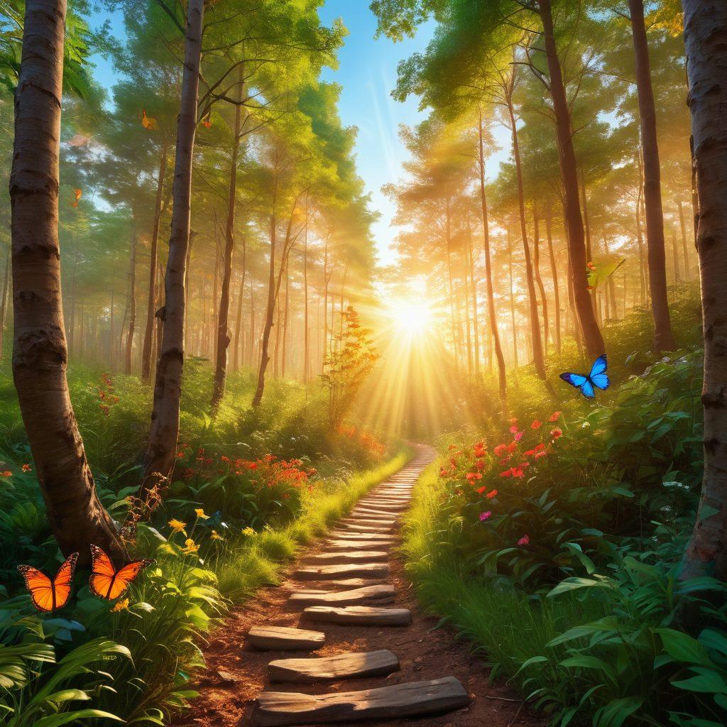 A vibrant sunrise illuminating a path leading through a lush forest, symbolizing personal growth and joy. Along the path, diverse people are seen celebrating, radiating happiness and exuberance, with colorful butterflies fluttering around. The air is filled with light and positivity, conveying a sense of freedom and potential. Light beams breaking through the trees enhance the magical atmosphere. super-realistic. vibrant colors. 3D.